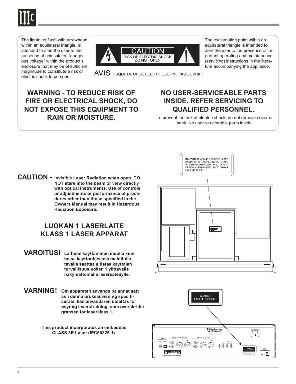 Caution | McIntosh MCD301 User Manual | Page 2 / 24