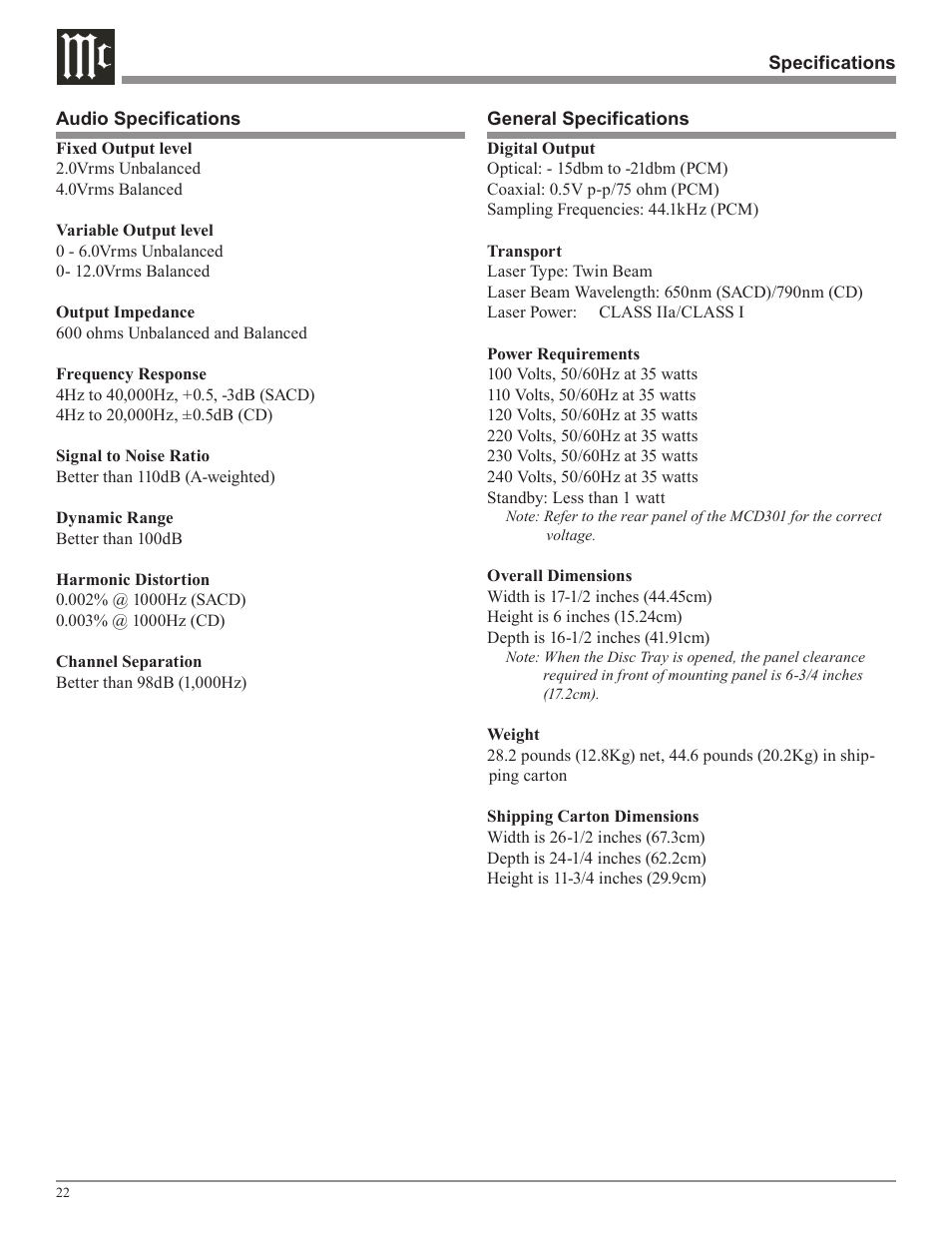 McIntosh MCD301 User Manual | Page 22 / 24