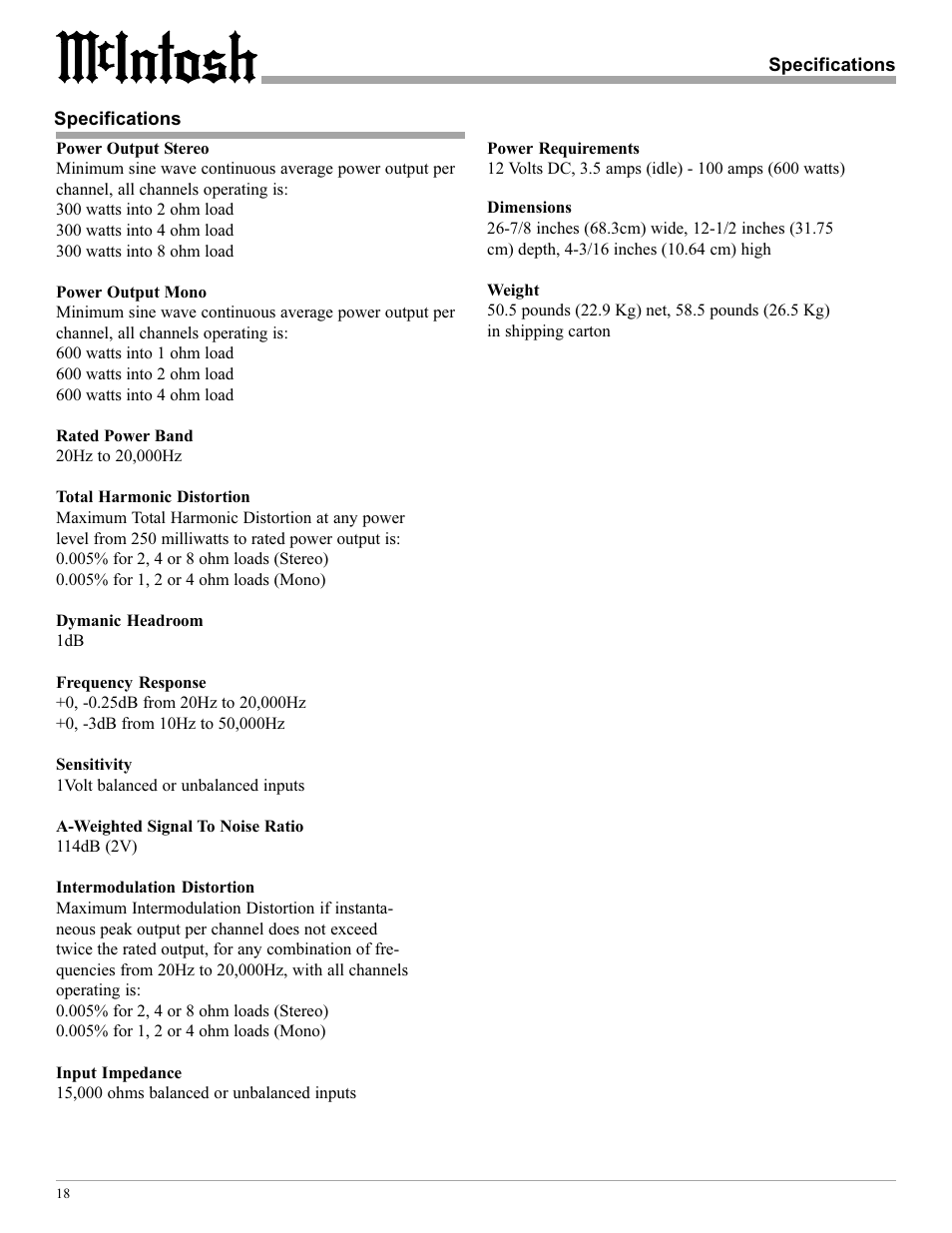 McIntosh MCC602TM User Manual | Page 18 / 20
