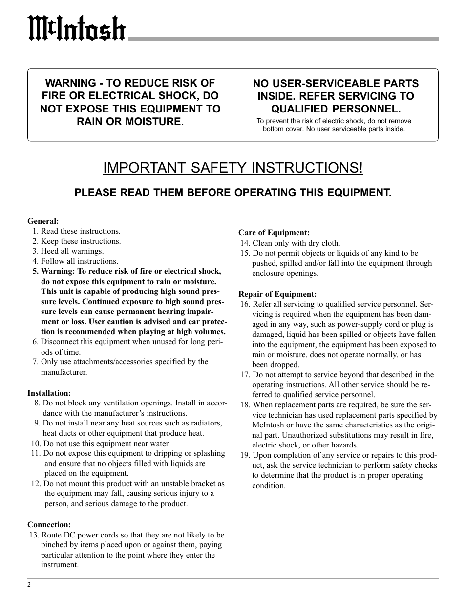 Important safety instructions, Please read them before operating this equipment | McIntosh MCC602TM User Manual | Page 2 / 20