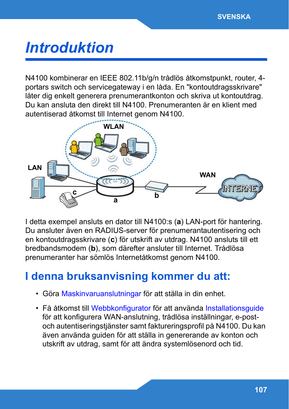 Svenska, Introduktion, I denna bruksanvisning kommer du att | Zyxel N4100 User Manual | Page 107 / 140