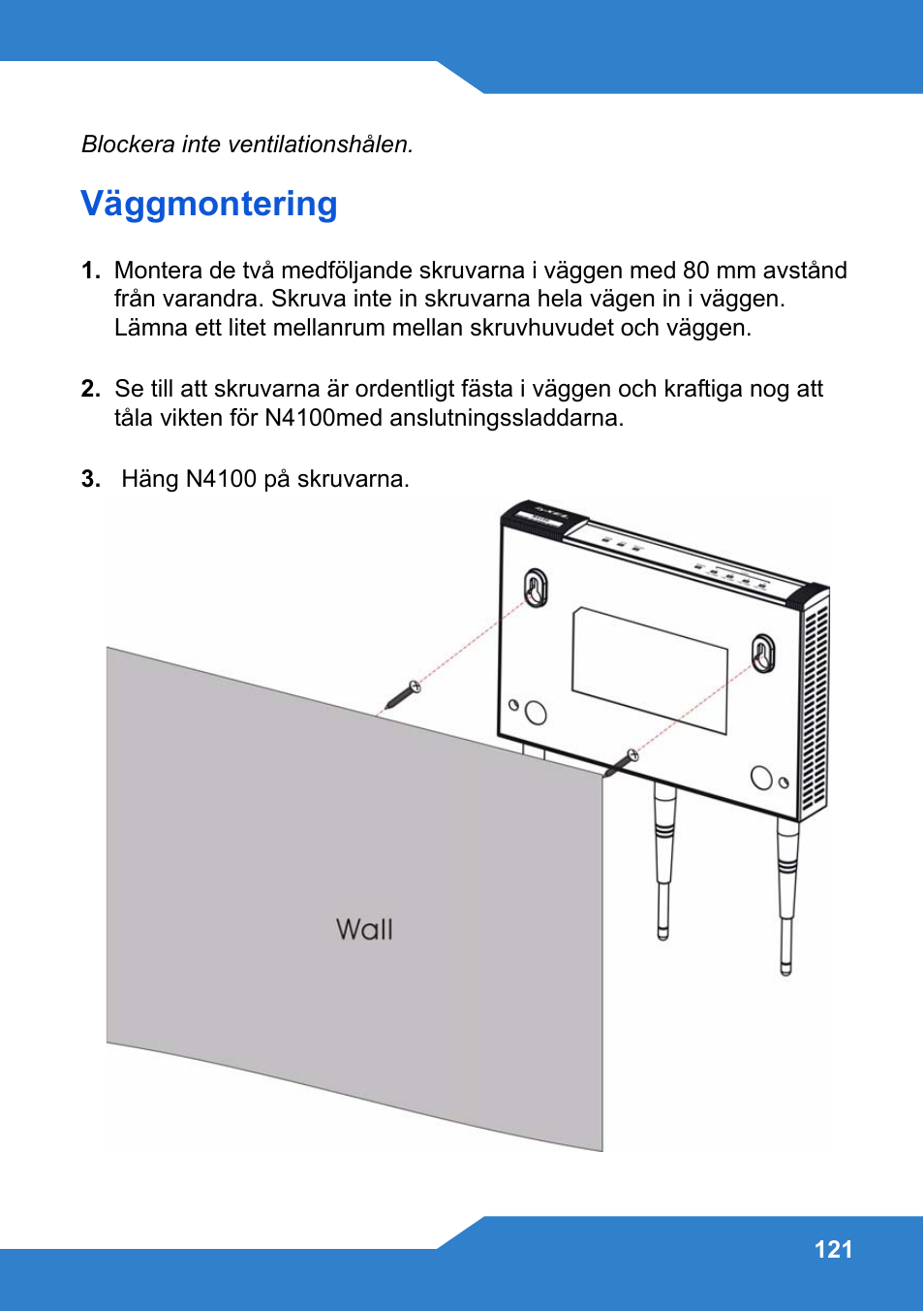 Väggmontering | Zyxel N4100 User Manual | Page 121 / 140