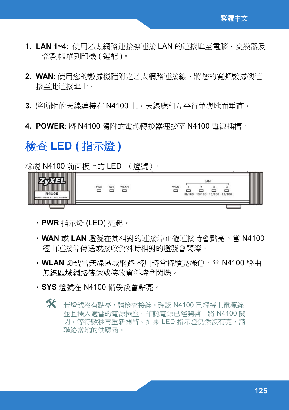 檢查 led ( 指示燈 ) | Zyxel N4100 User Manual | Page 125 / 140