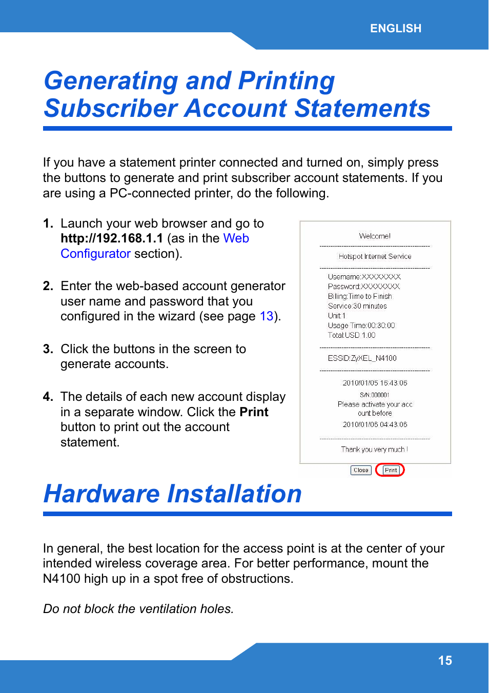 Hardware installation | Zyxel N4100 User Manual | Page 15 / 140