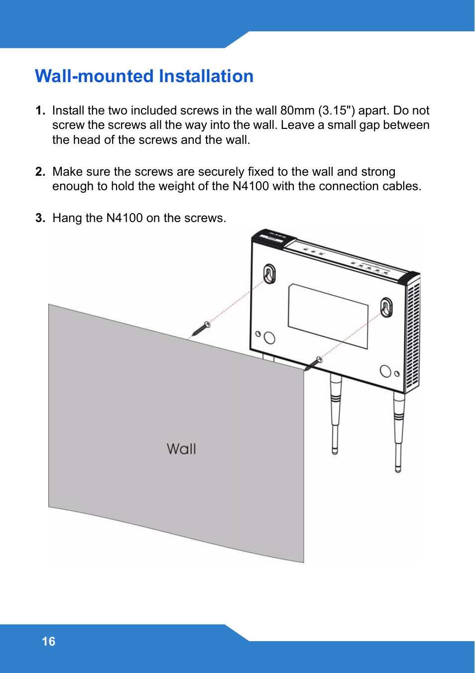 Wall-mounted installation | Zyxel N4100 User Manual | Page 16 / 140