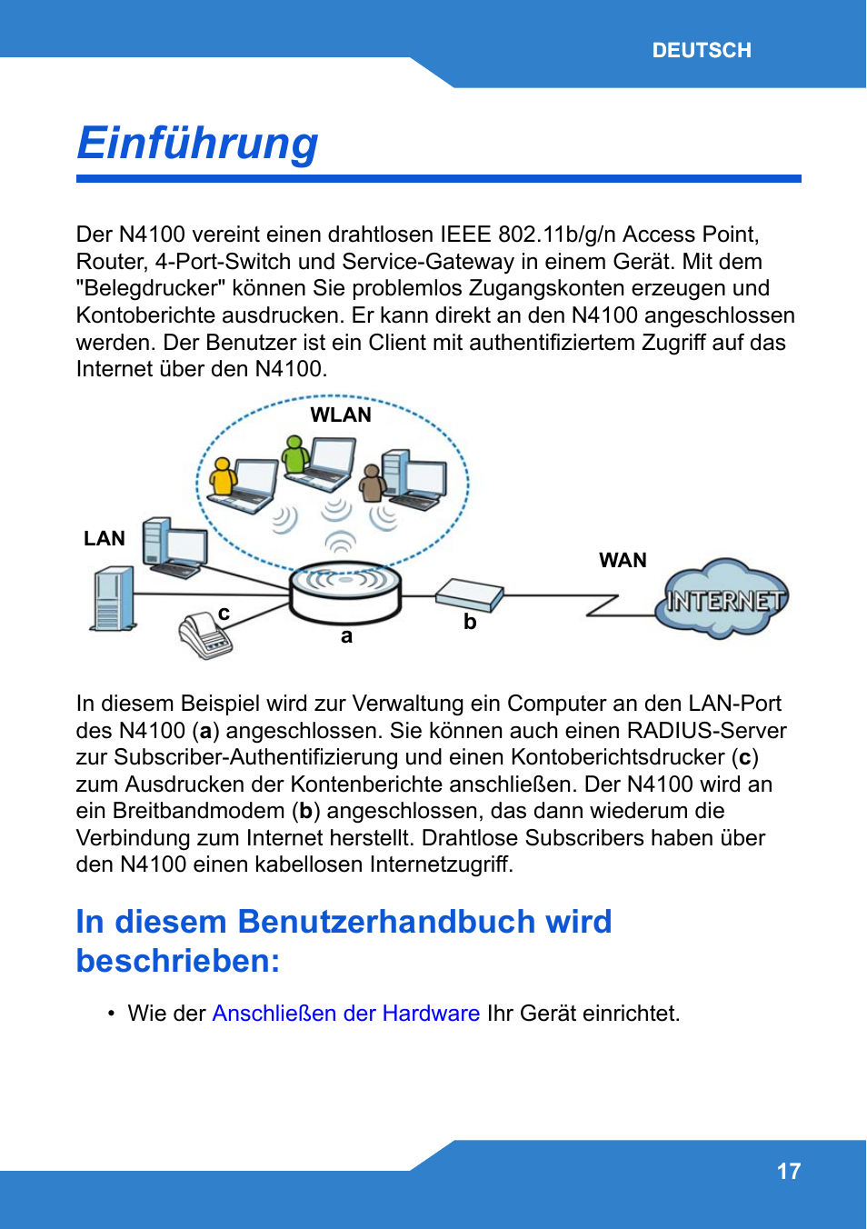 Deutsch, Einführung | Zyxel N4100 User Manual | Page 17 / 140