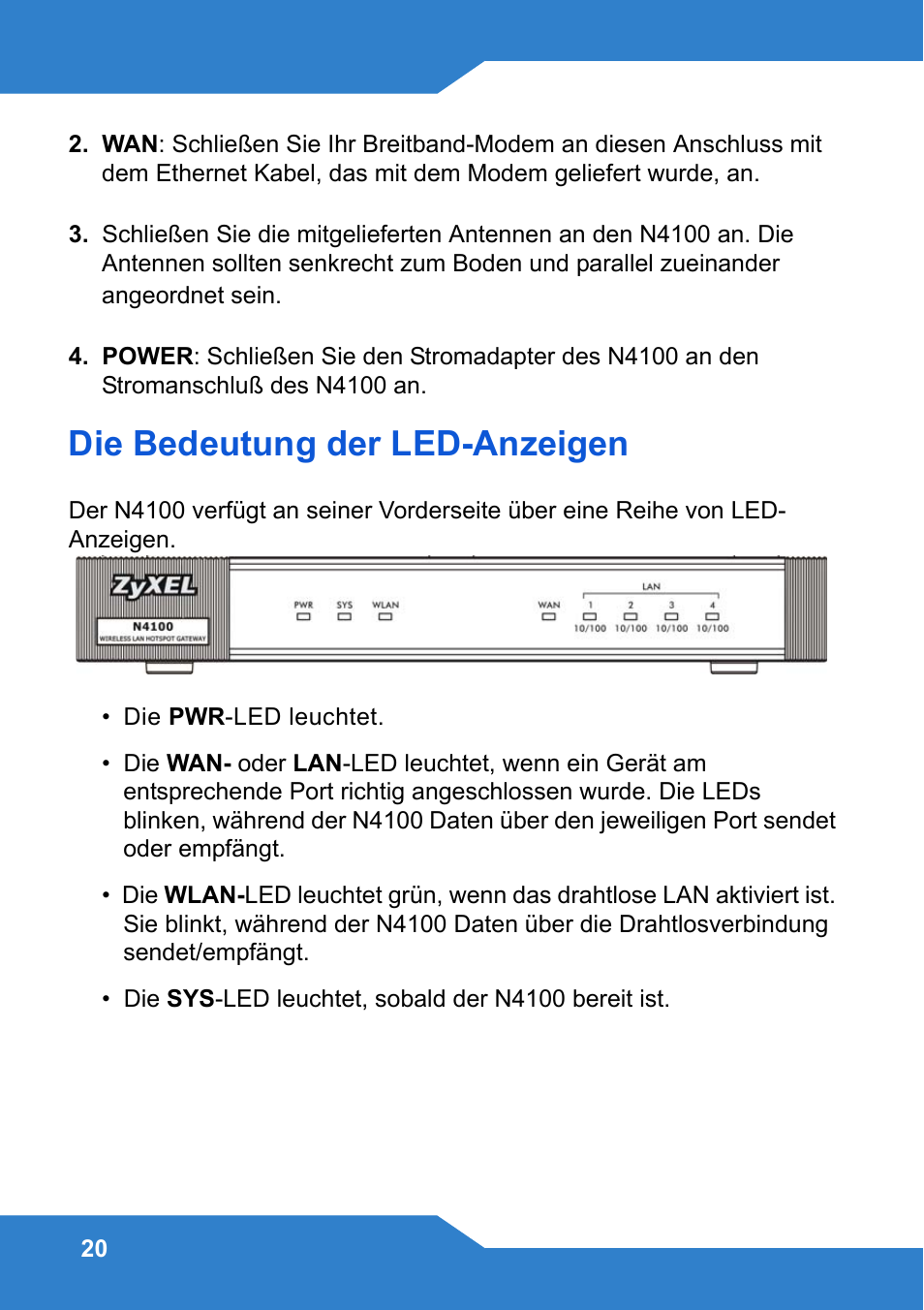 Die bedeutung der led-anzeigen | Zyxel N4100 User Manual | Page 20 / 140
