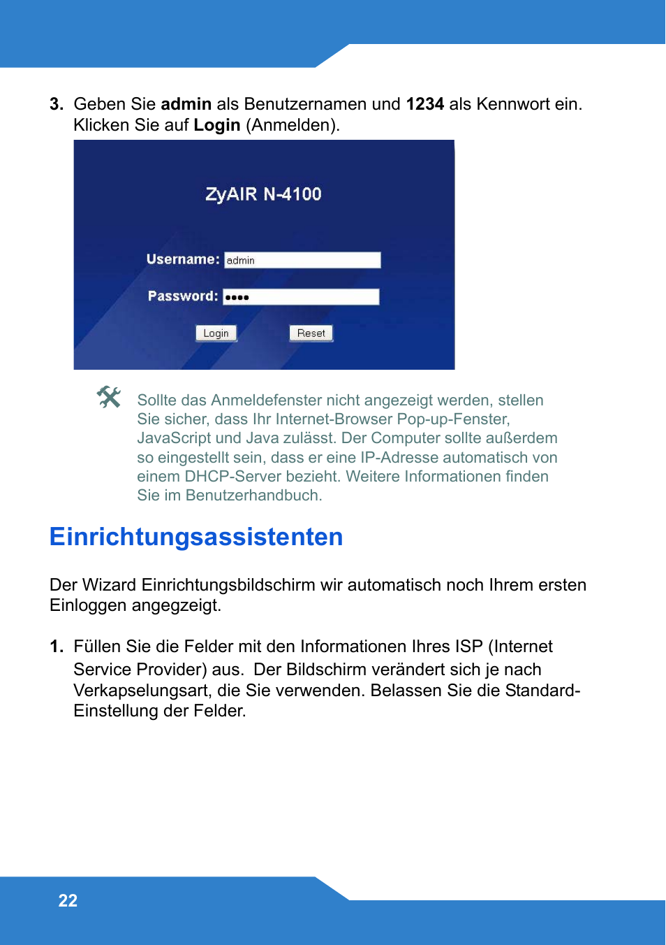 Einrichtungsassistenten, Die w | Zyxel N4100 User Manual | Page 22 / 140