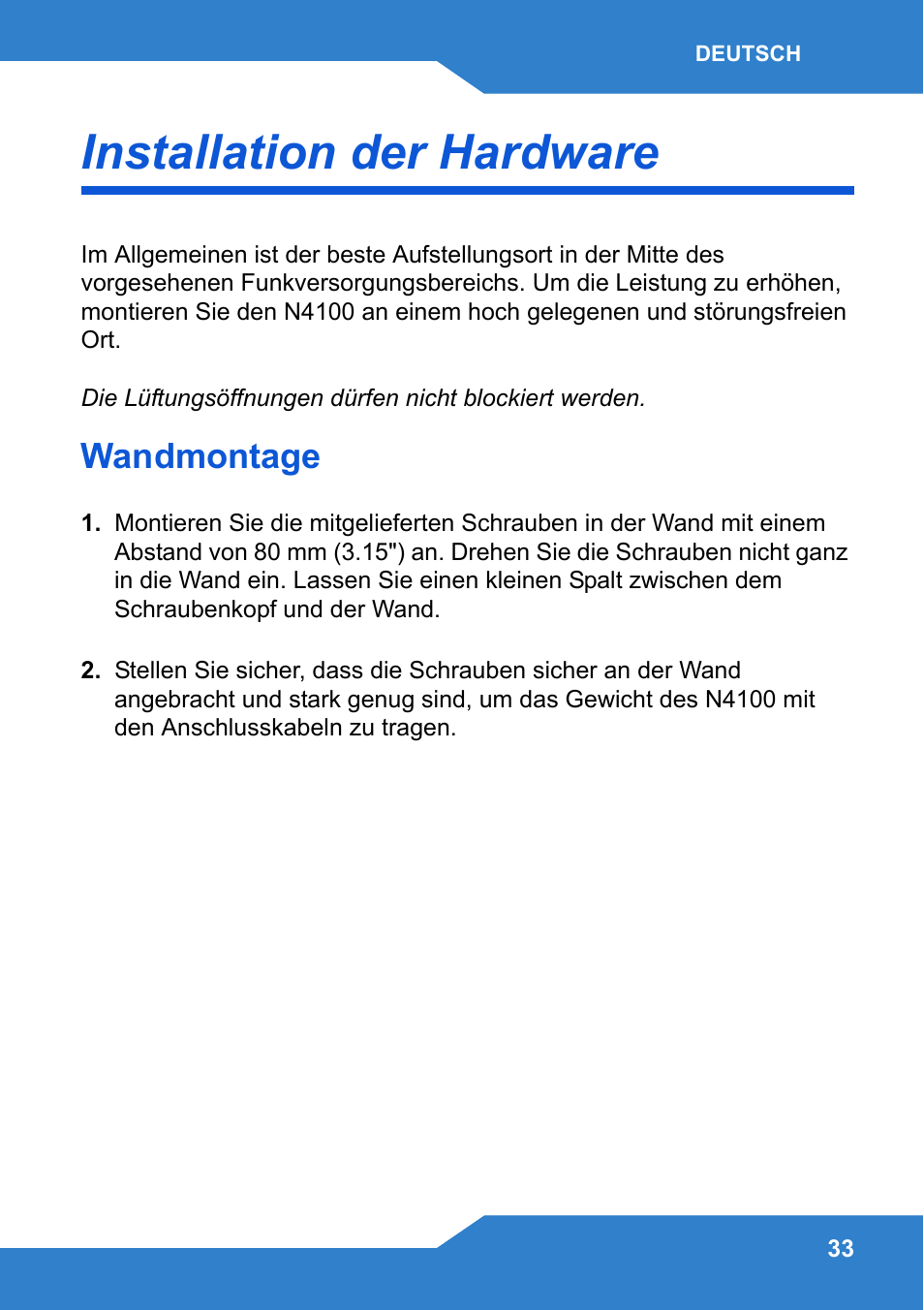 Installation der hardware, Wandmontage | Zyxel N4100 User Manual | Page 33 / 140