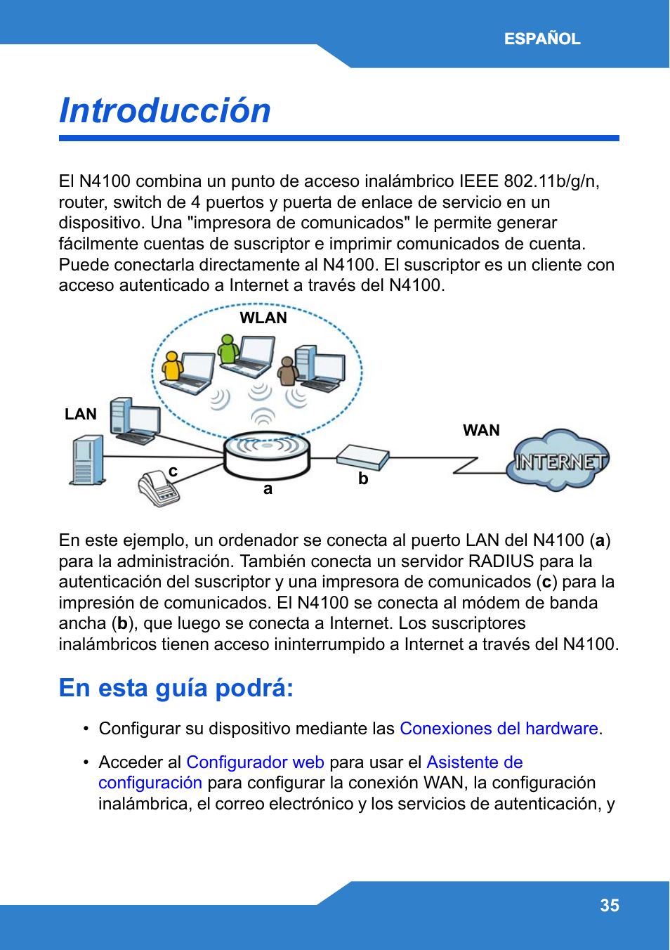 Español, Introducción, En esta guía podrá | Zyxel N4100 User Manual | Page 35 / 140