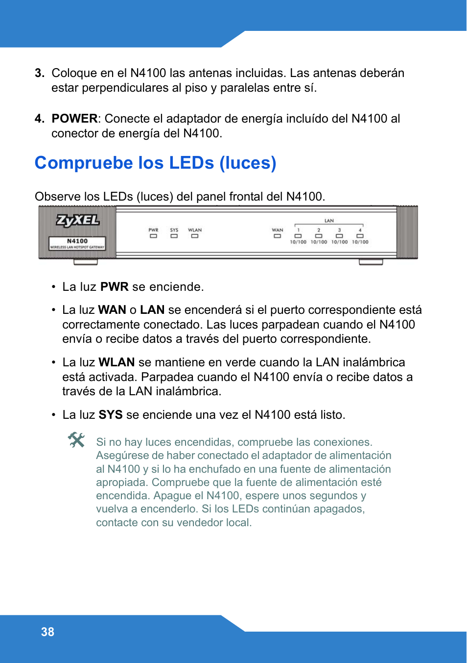 Compruebe los leds (luces) | Zyxel N4100 User Manual | Page 38 / 140