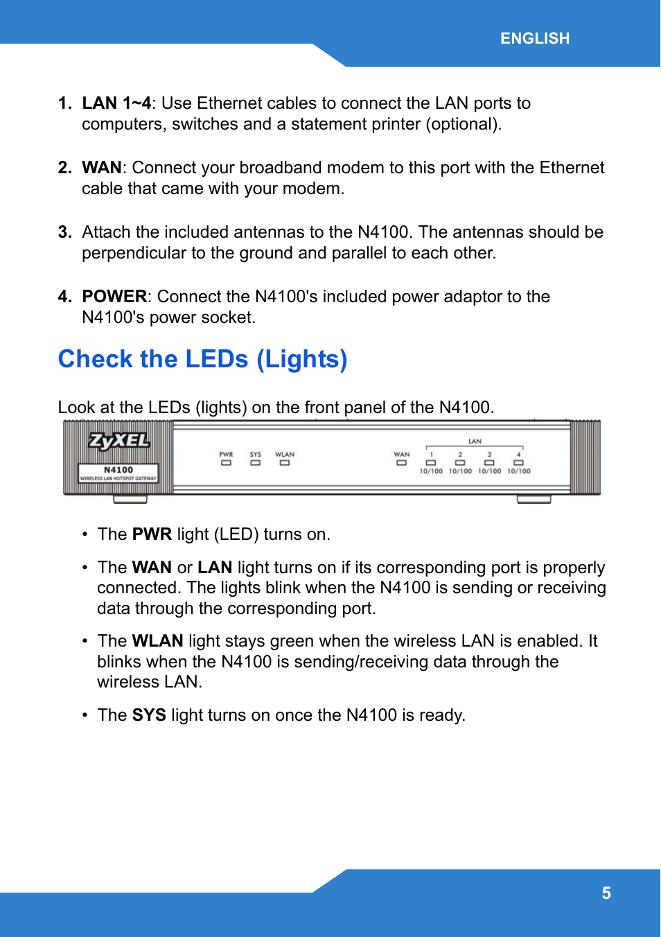 Check the leds (lights) | Zyxel N4100 User Manual | Page 5 / 140