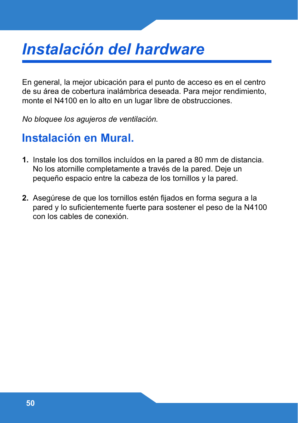 Instalación del hardware, Instalación en mural | Zyxel N4100 User Manual | Page 50 / 140