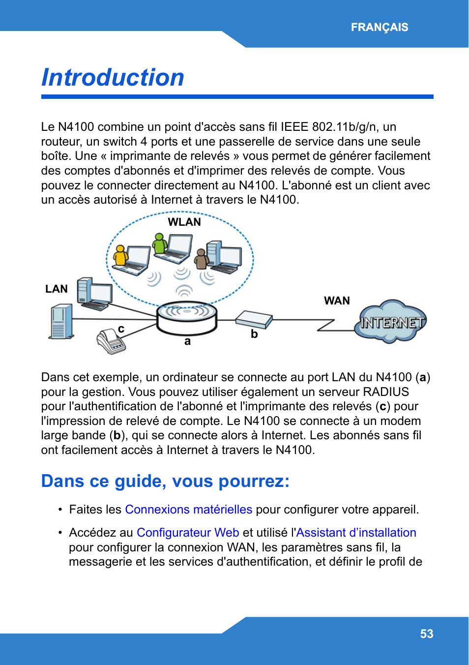 Français, Introduction, Dans ce guide, vous pourrez | Zyxel N4100 User Manual | Page 53 / 140