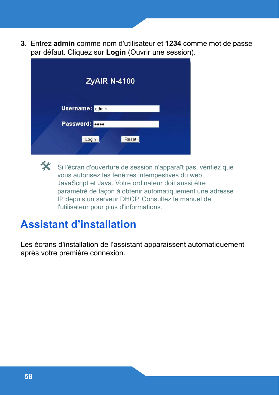 Assistant d’installation, Pour configu | Zyxel N4100 User Manual | Page 58 / 140