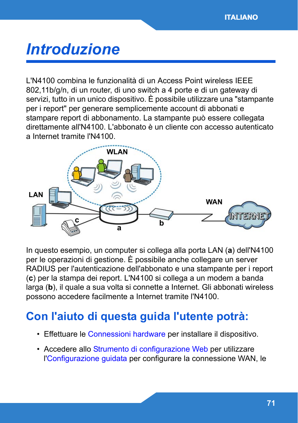 Italiano, Introduzione, Con l'aiuto di questa guida l'utente potrà | Zyxel N4100 User Manual | Page 71 / 140