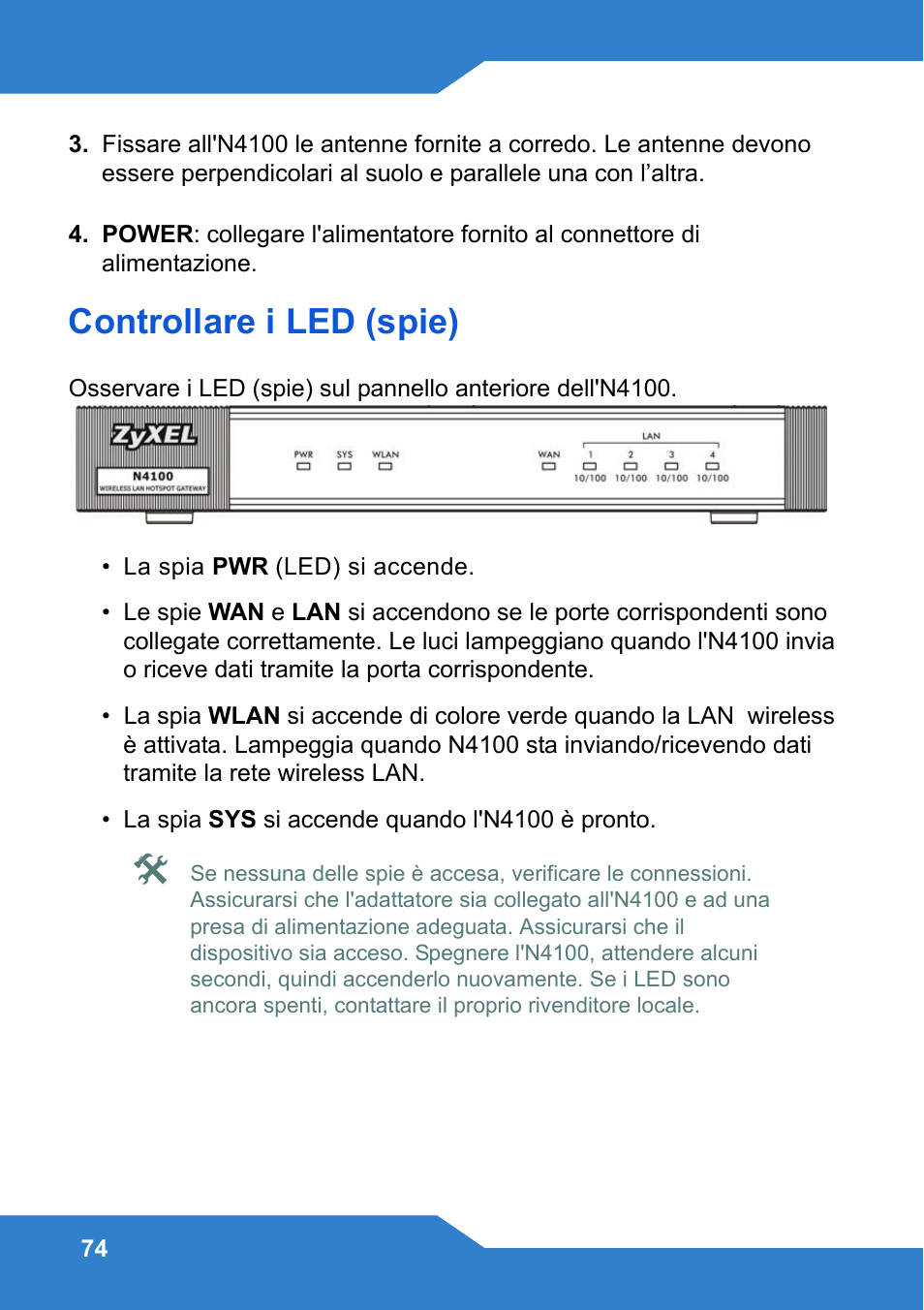 Controllare i led (spie) | Zyxel N4100 User Manual | Page 74 / 140