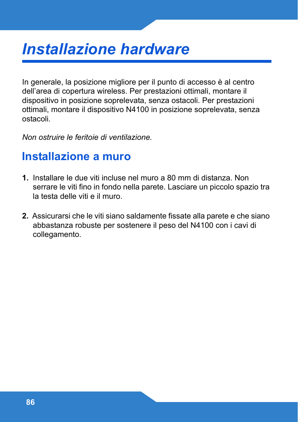 Installazione hardware, Installazione a muro | Zyxel N4100 User Manual | Page 86 / 140