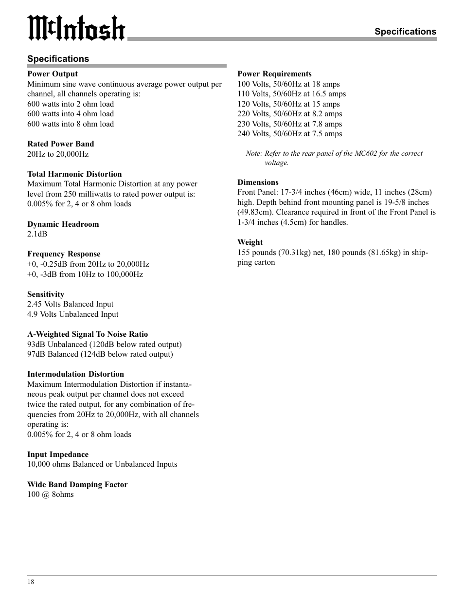 McIntosh MC602 User Manual | Page 18 / 20