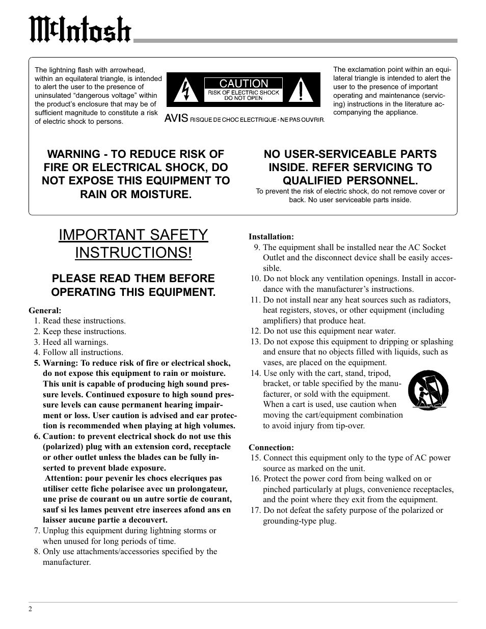 Important safety instructions | McIntosh MC602 User Manual | Page 2 / 20