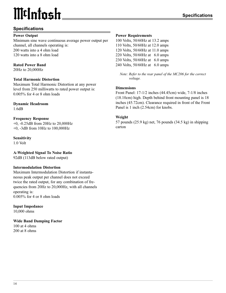 McIntosh MC206 User Manual | Page 14 / 16