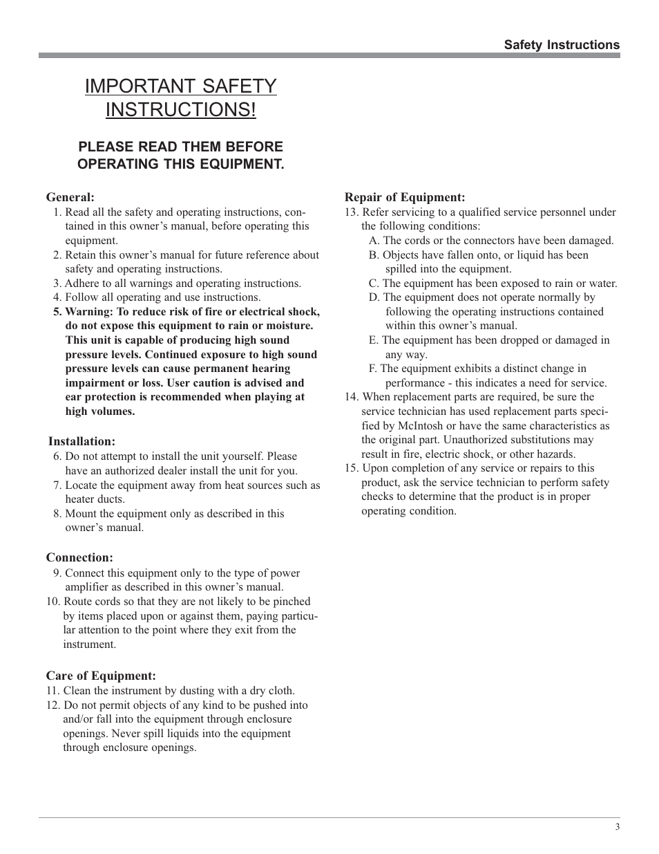 Important safety instructions | McIntosh MSS630 User Manual | Page 3 / 12