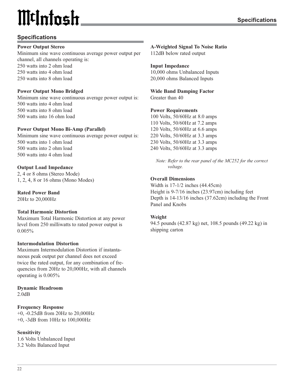 McIntosh MC252 User Manual | Page 22 / 24