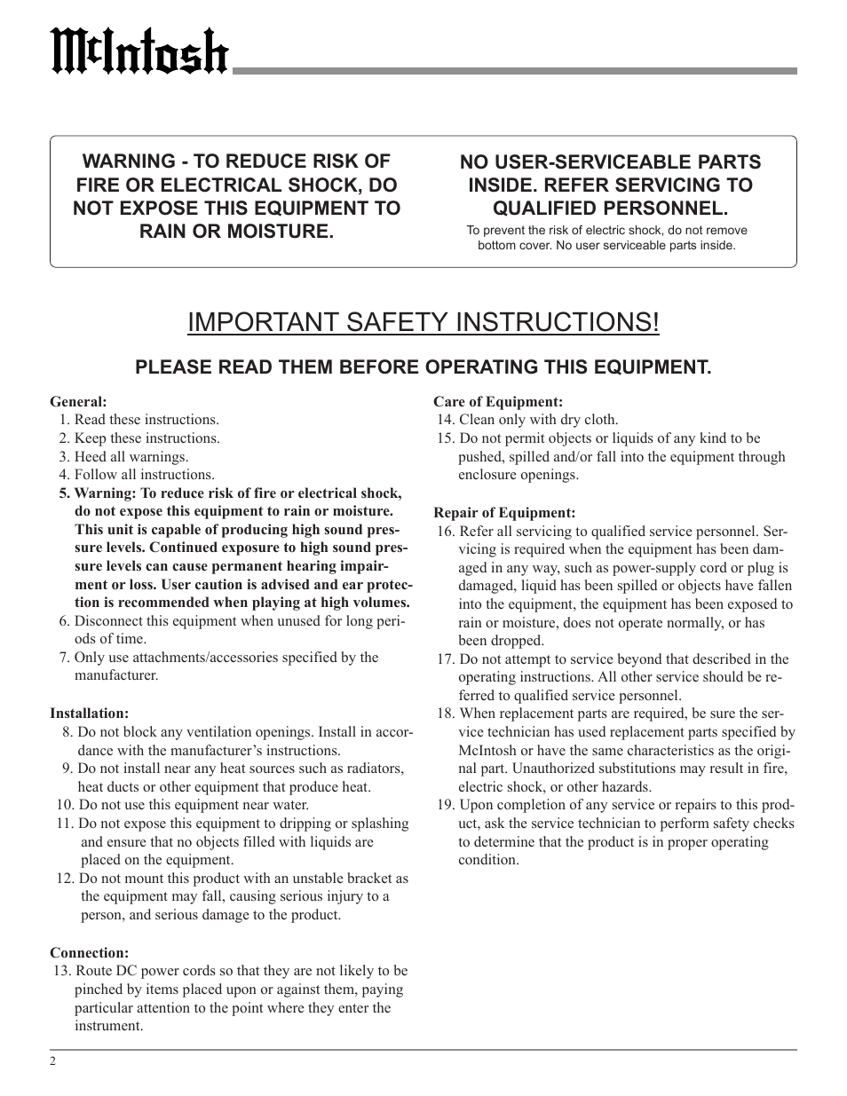 Important safety instructions | McIntosh MCC302M User Manual | Page 2 / 16