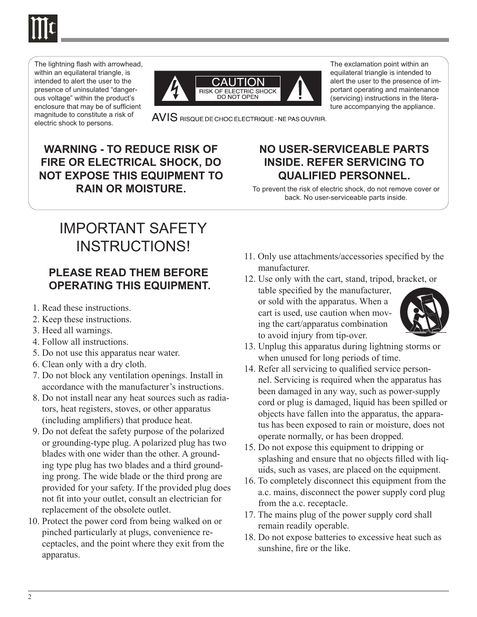Important safety instructions | McIntosh MDLP1 User Manual | Page 2 / 32