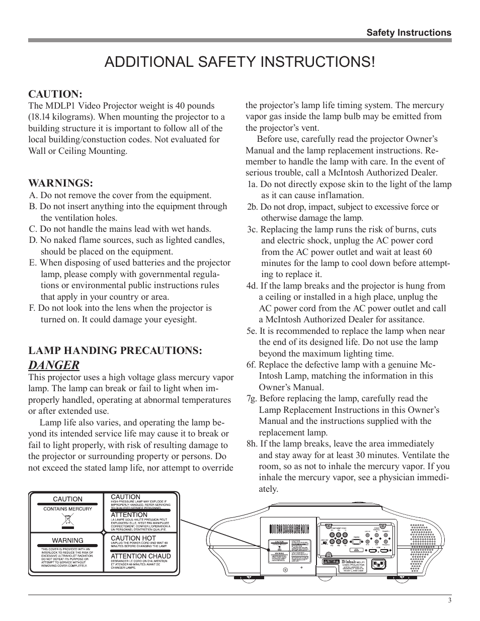 Additional safety instructions, Danger | McIntosh MDLP1 User Manual | Page 3 / 32