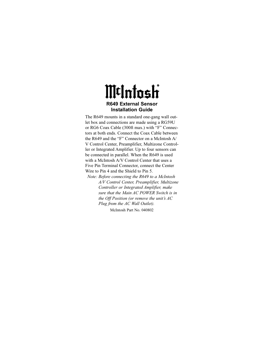 McIntosh R649 User Manual | 1 page
