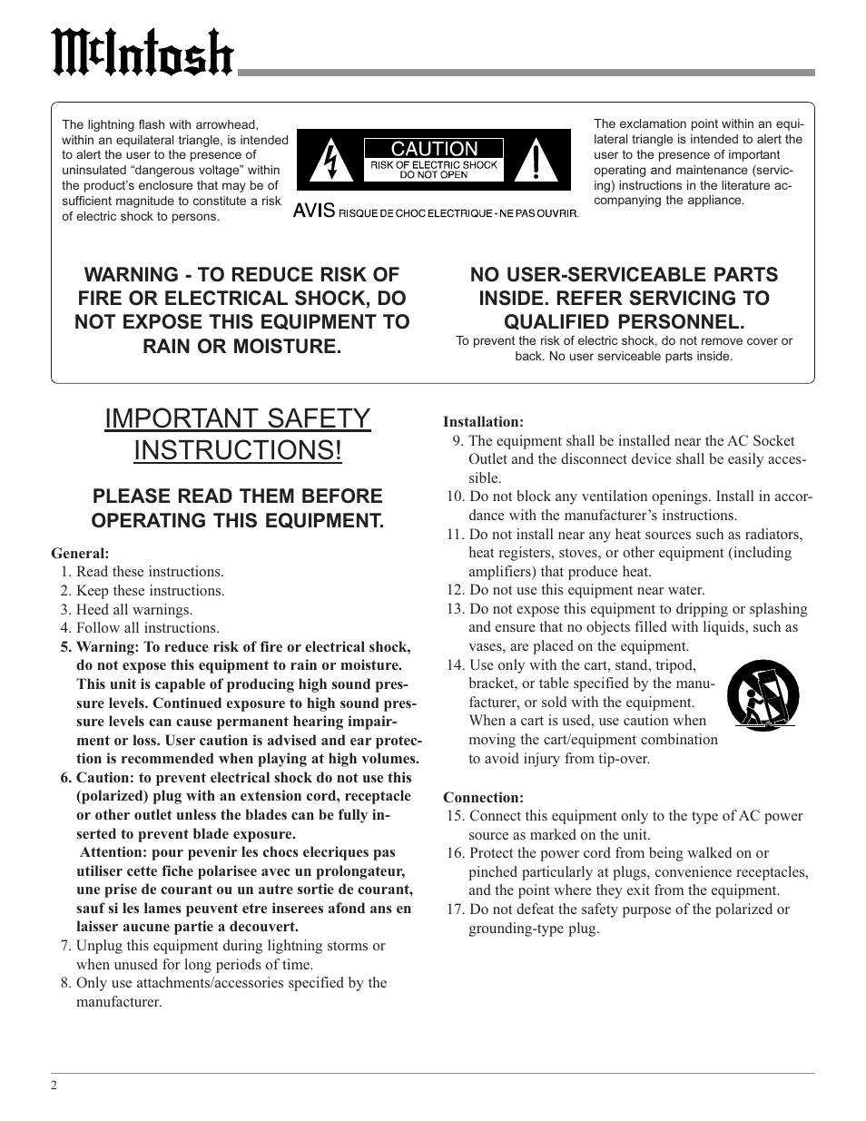 Important safety instructions | McIntosh MC1201 User Manual | Page 2 / 20