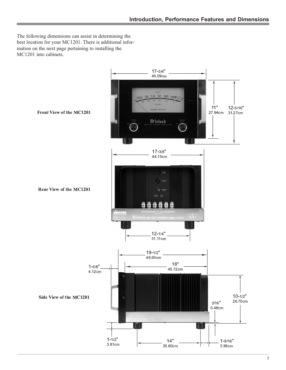 Introduction, performance features and dimensions | McIntosh MC1201 User Manual | Page 5 / 20