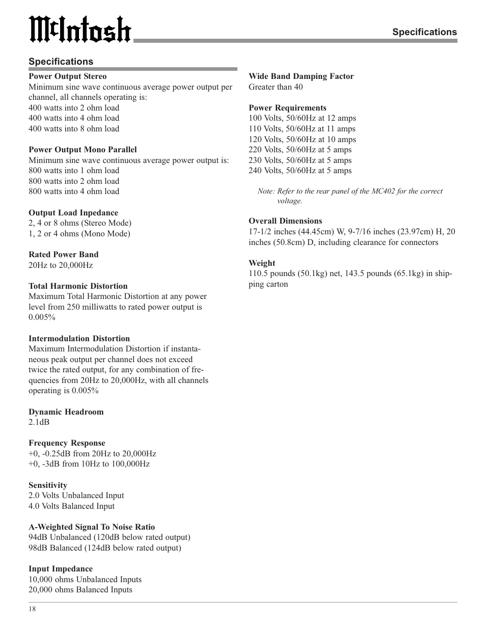 McIntosh MC402 User Manual | Page 18 / 20