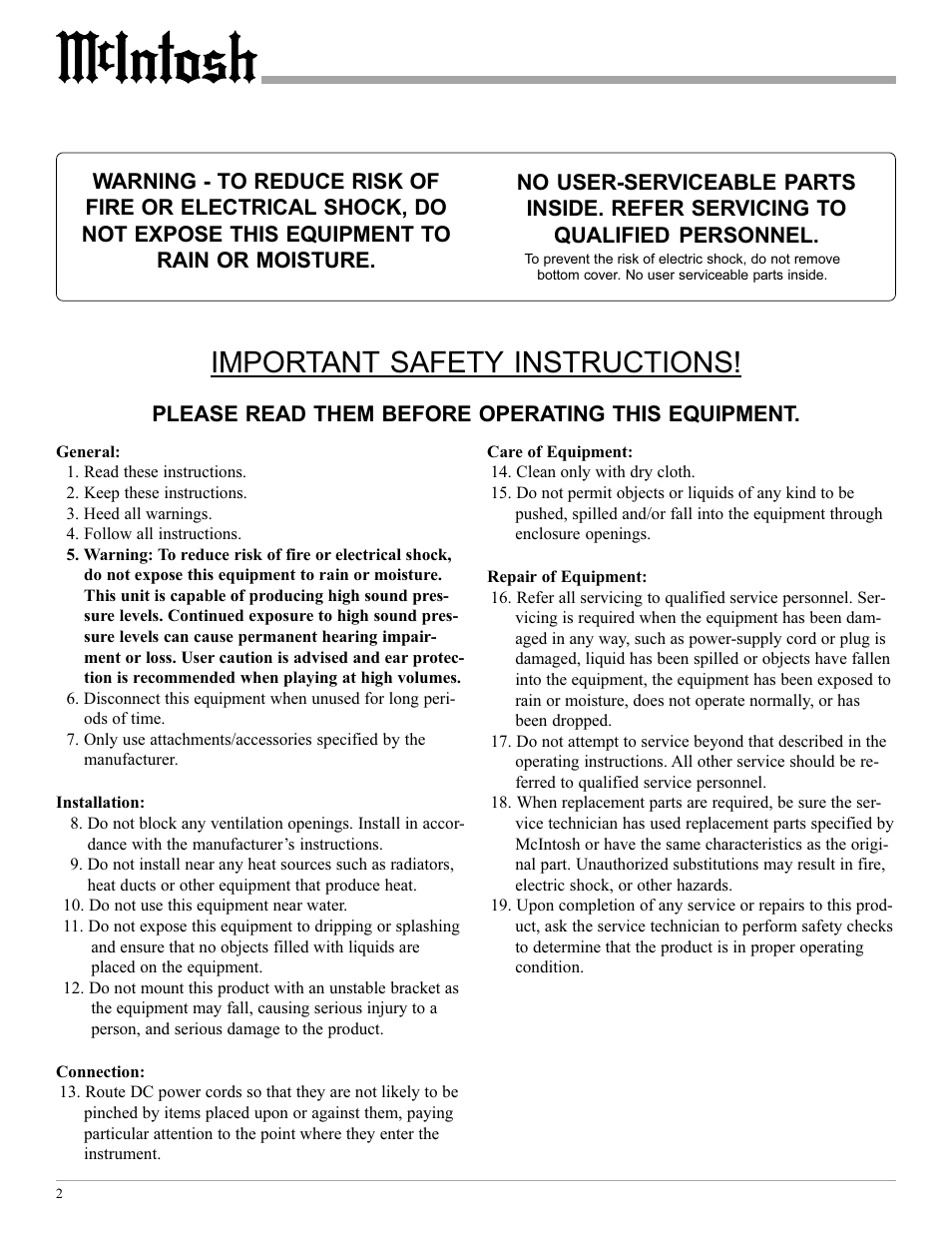 Important safety instructions, Please read them before operating this equipment | McIntosh MCC302 User Manual | Page 2 / 16