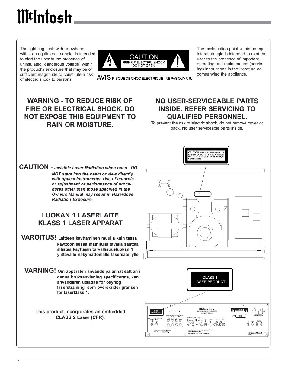 Caution, Luokan 1 laserlaite klass 1 laser apparat varoitus, Varning | McIntosh MVP851 User Manual | Page 2 / 48