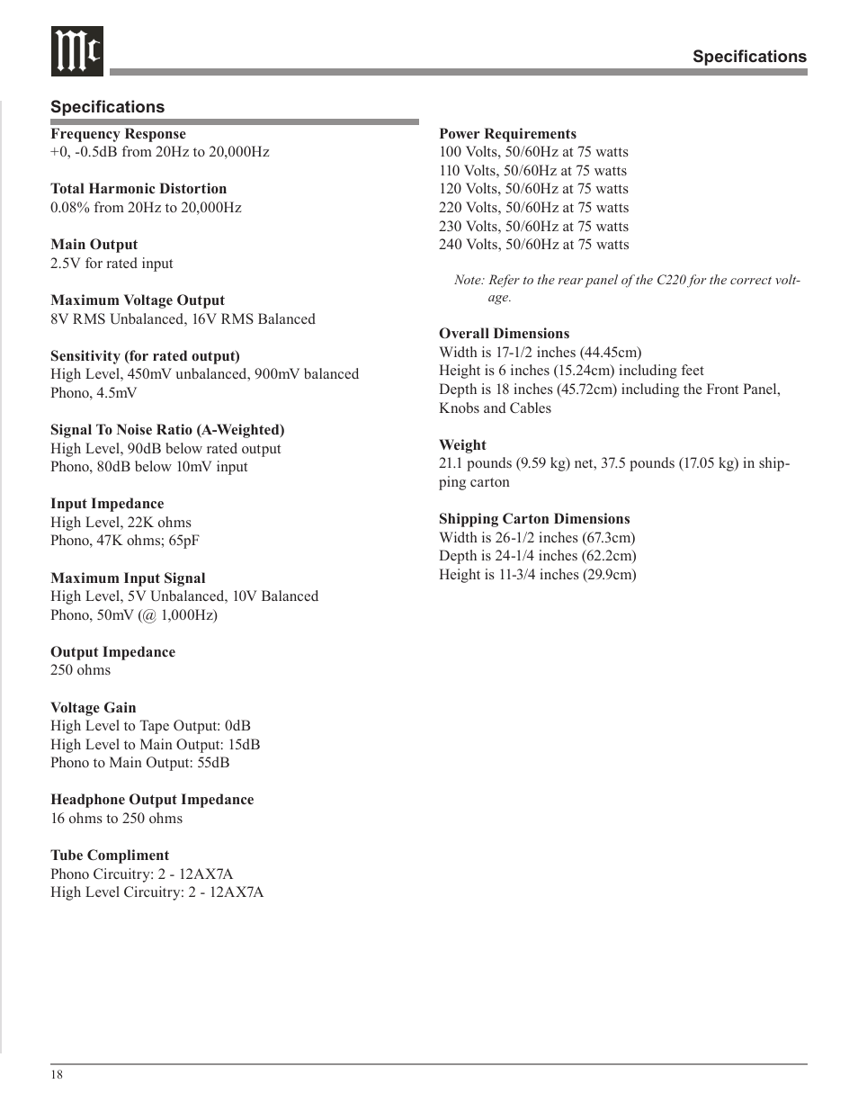 McIntosh C220 User Manual | Page 18 / 20
