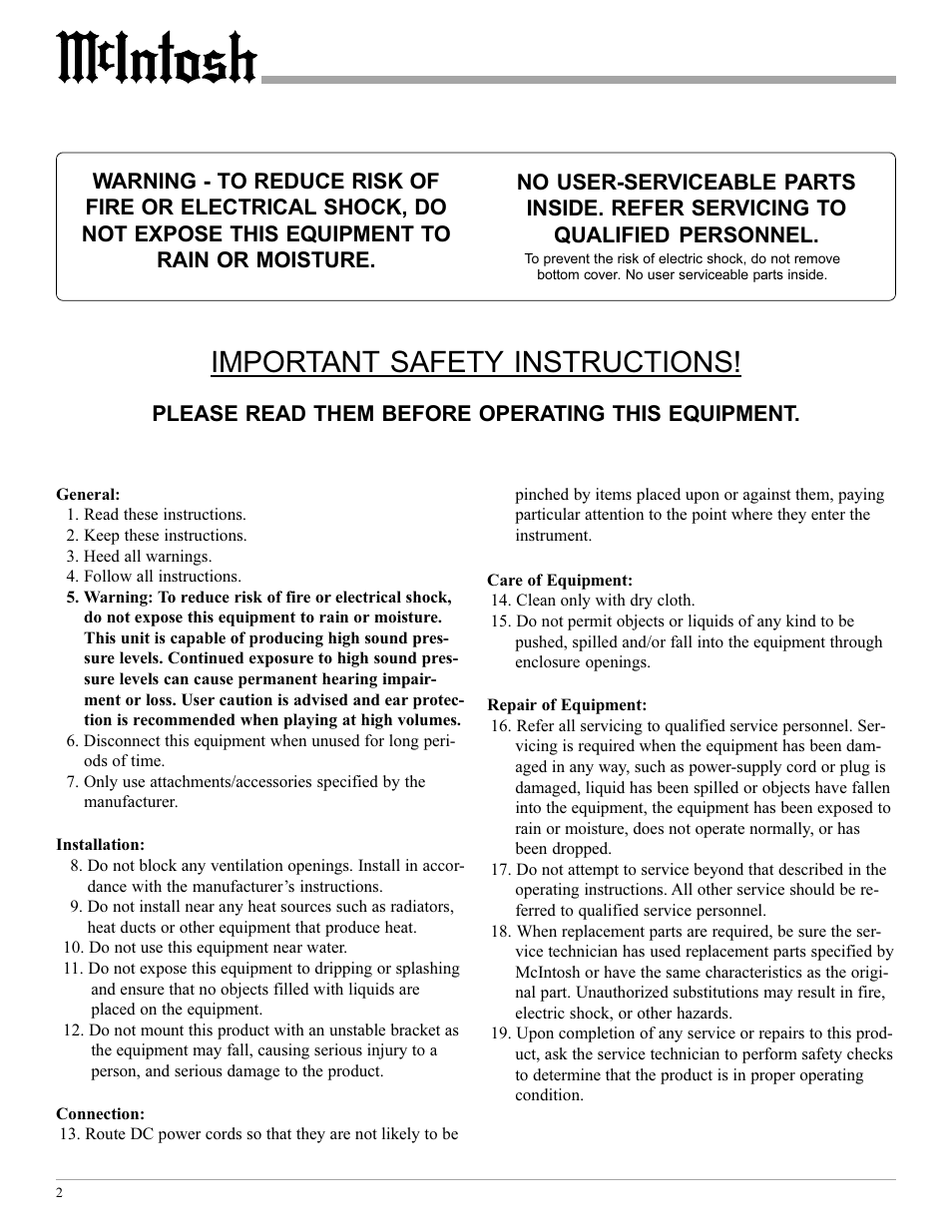 Important safety instructions, Please read them before operating this equipment | McIntosh MCC404/MCC404M User Manual | Page 2 / 20