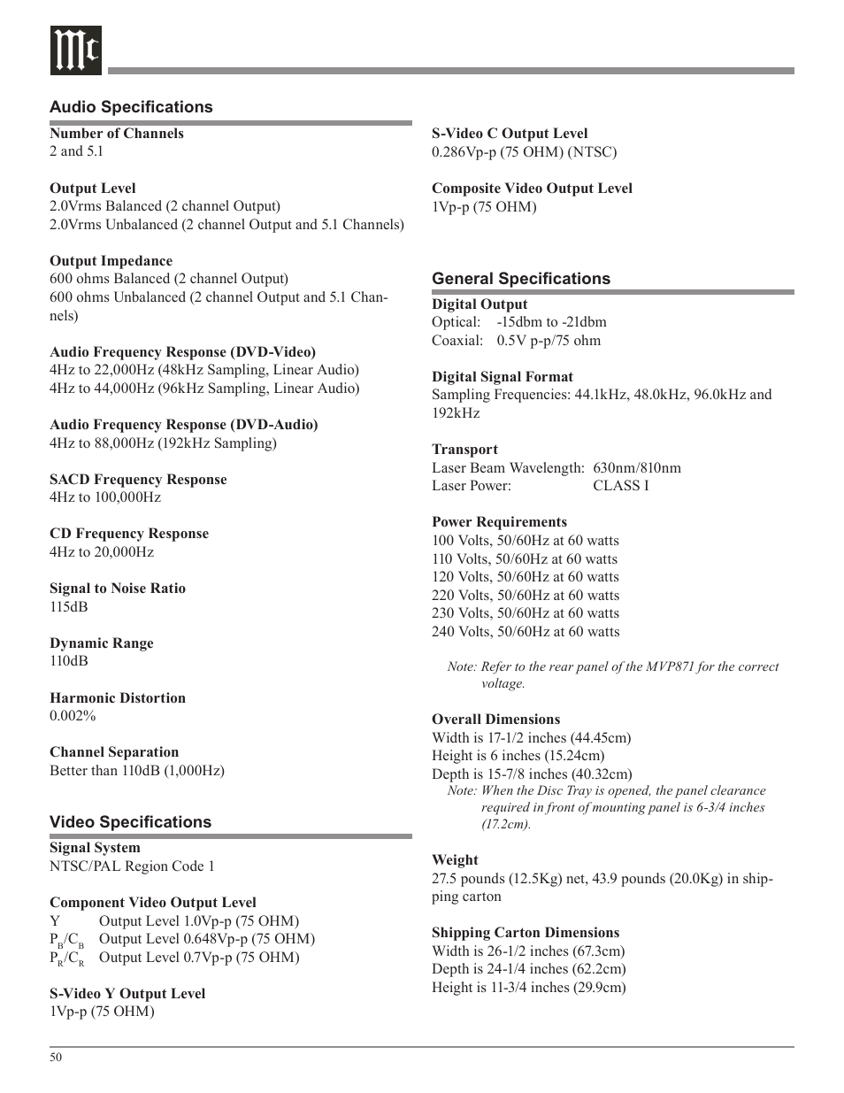 McIntosh MVP871 User Manual | Page 50 / 52