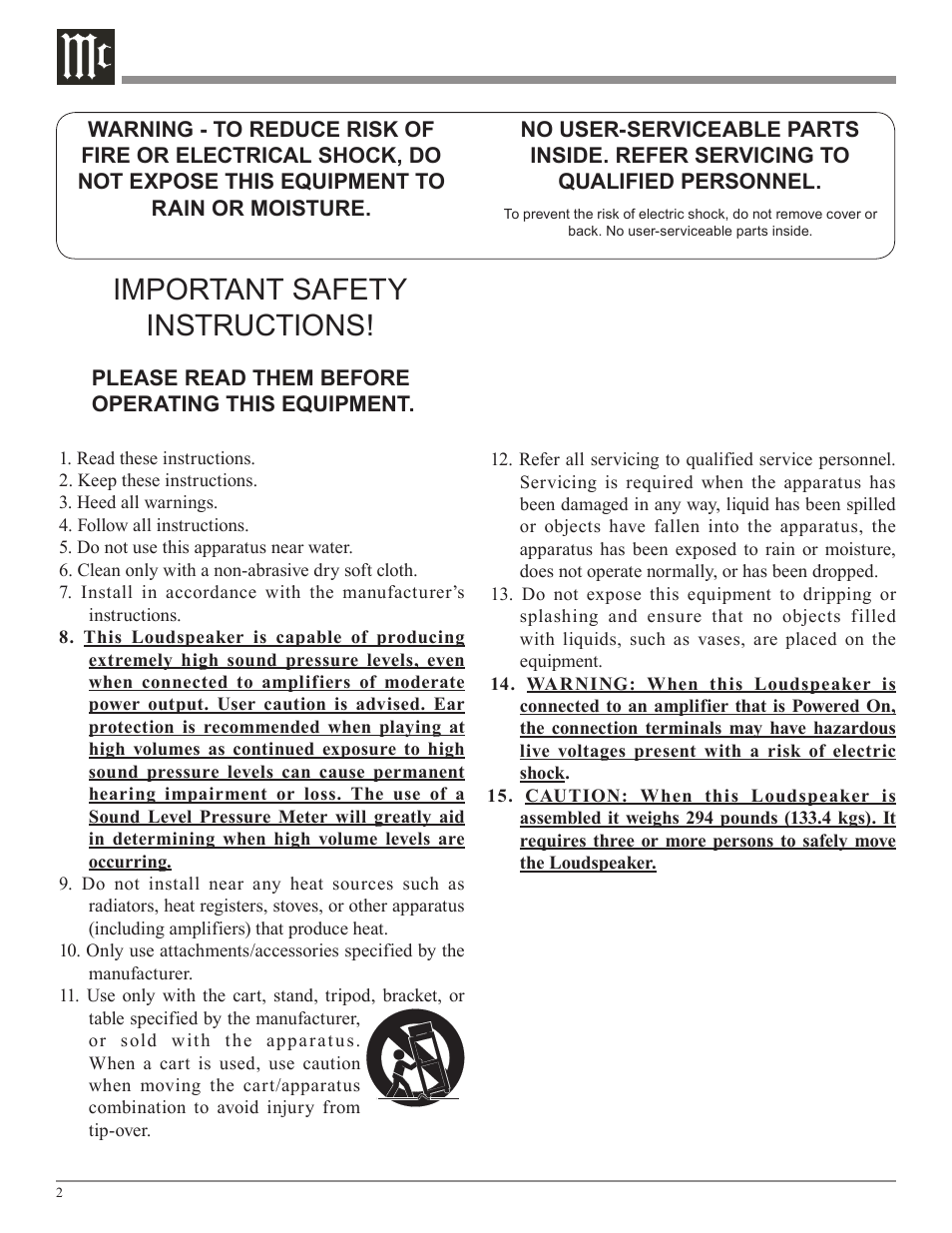 Important safety instructions | McIntosh XCS2K User Manual | Page 2 / 20