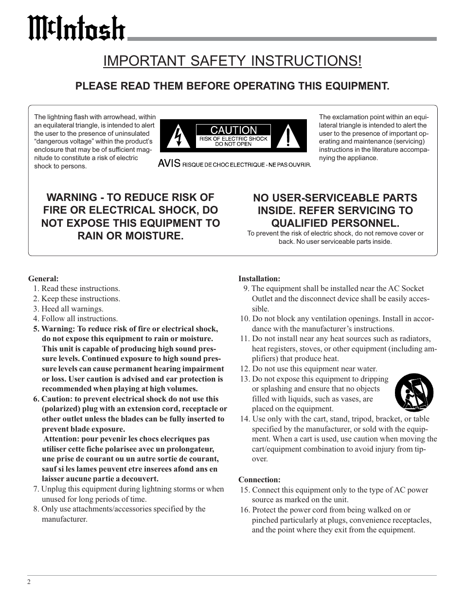 Important safety instructions | McIntosh C2200 User Manual | Page 2 / 28