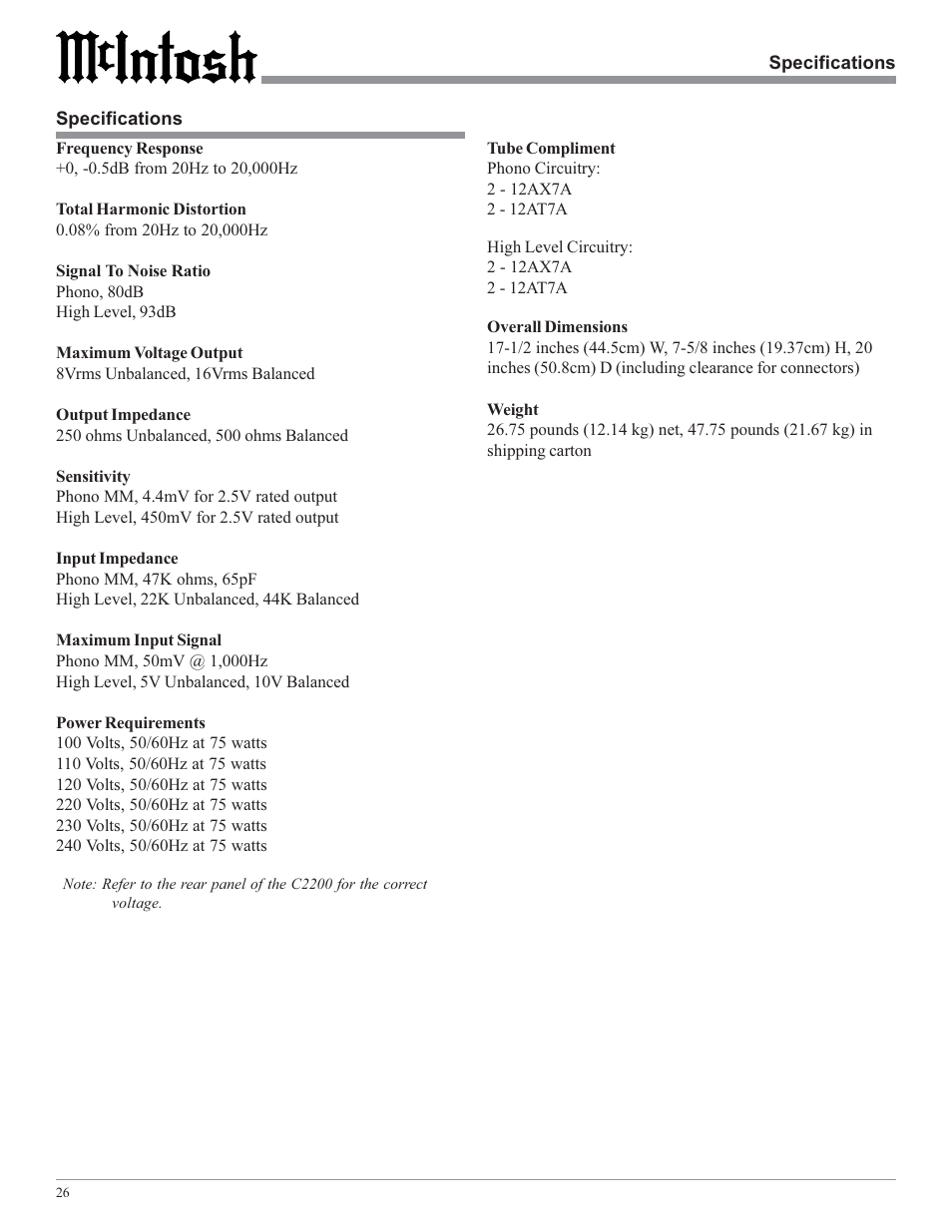 McIntosh C2200 User Manual | Page 26 / 28