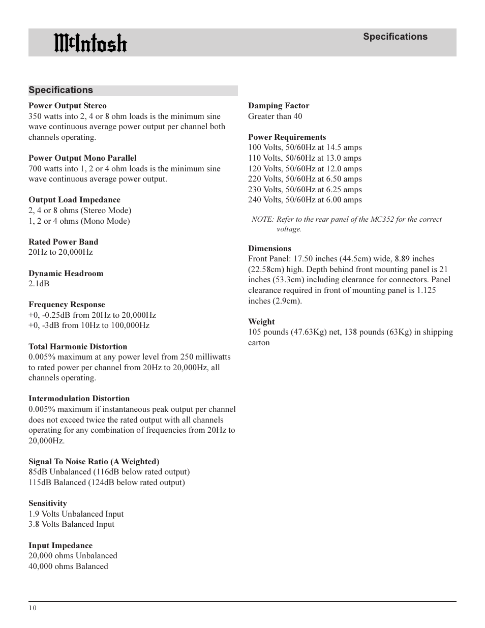 McIntosh MC352 User Manual | Page 10 / 12