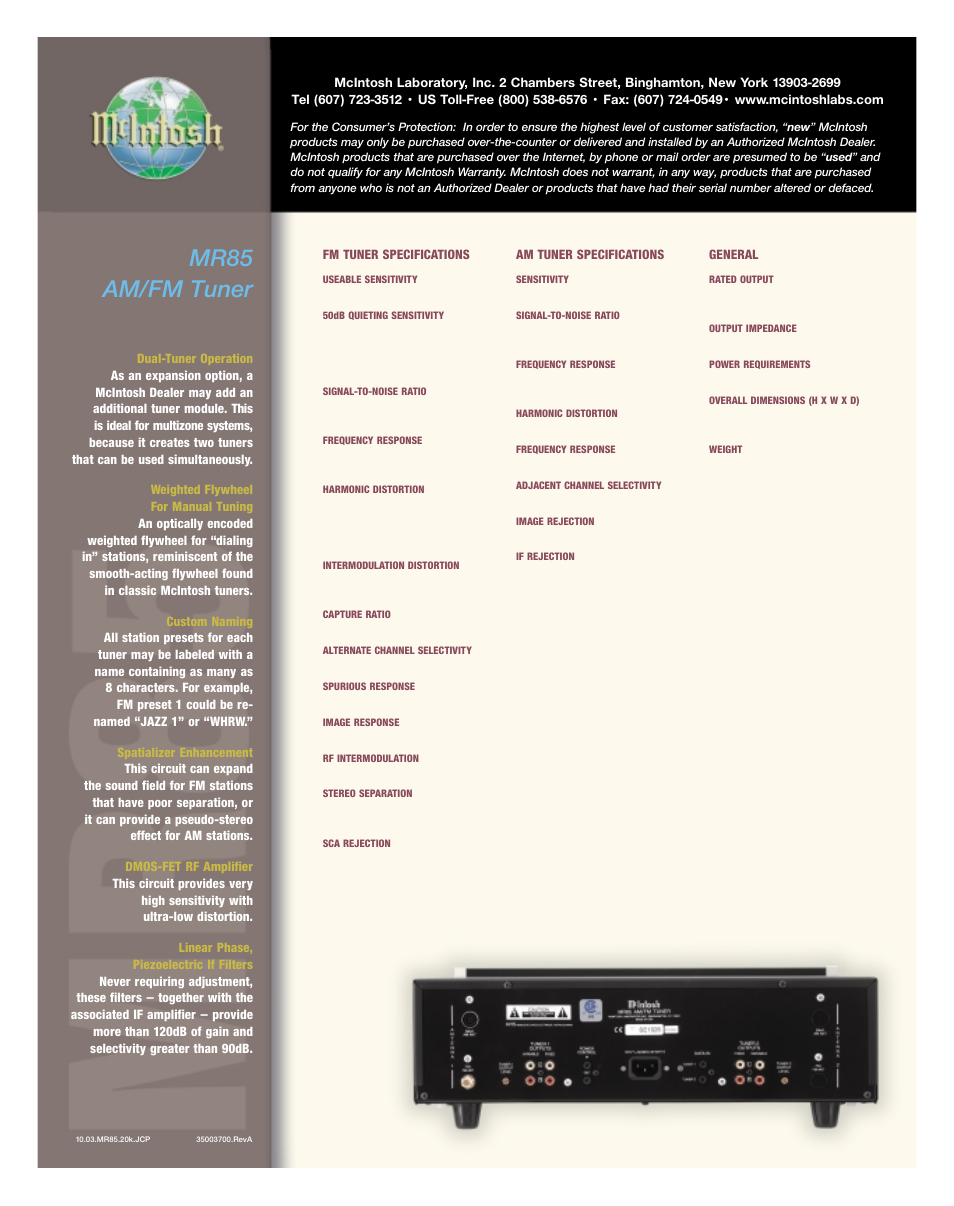 Mr85 am/fm tuner | McIntosh MR85 User Manual | Page 2 / 2