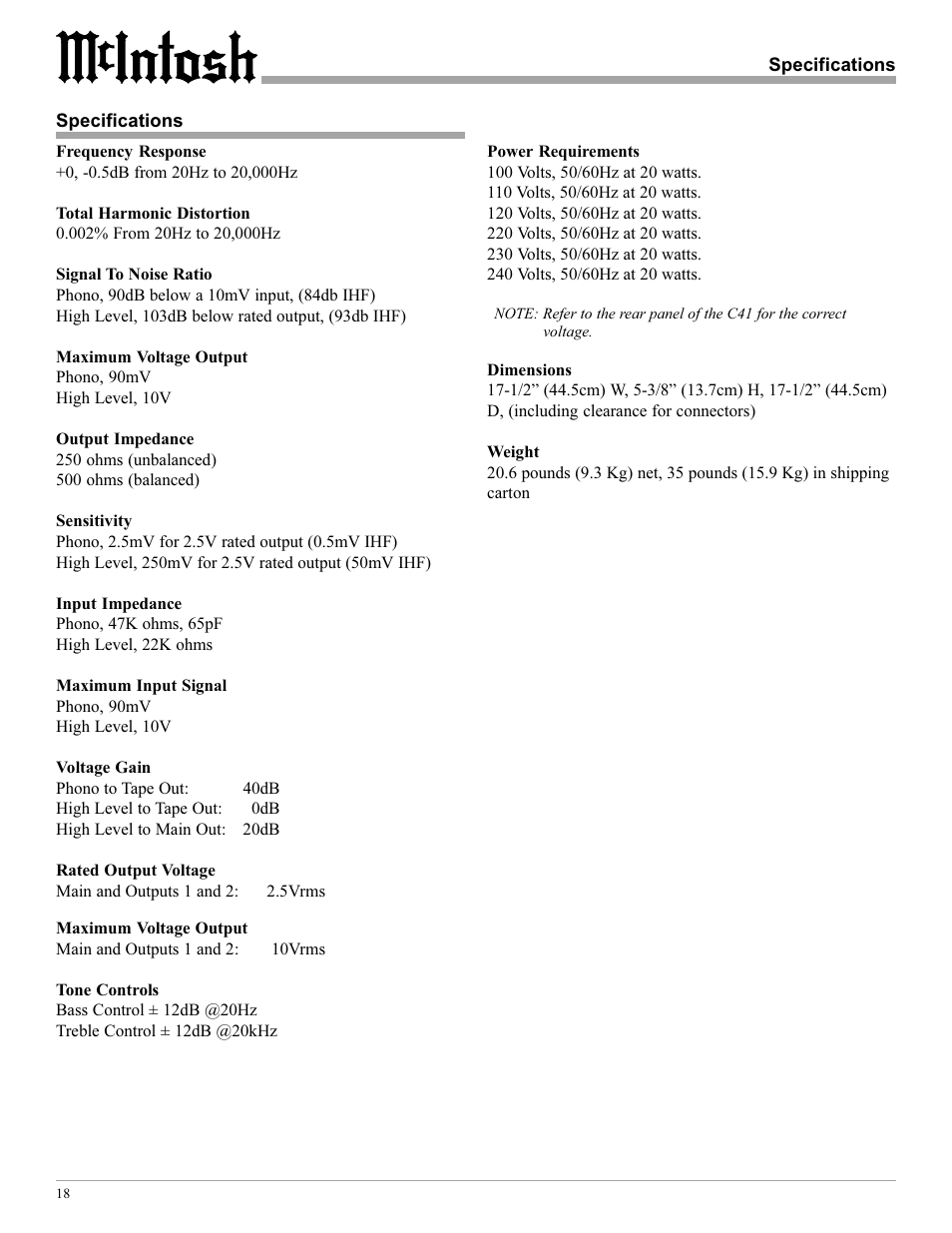 McIntosh C41 User Manual | Page 18 / 20