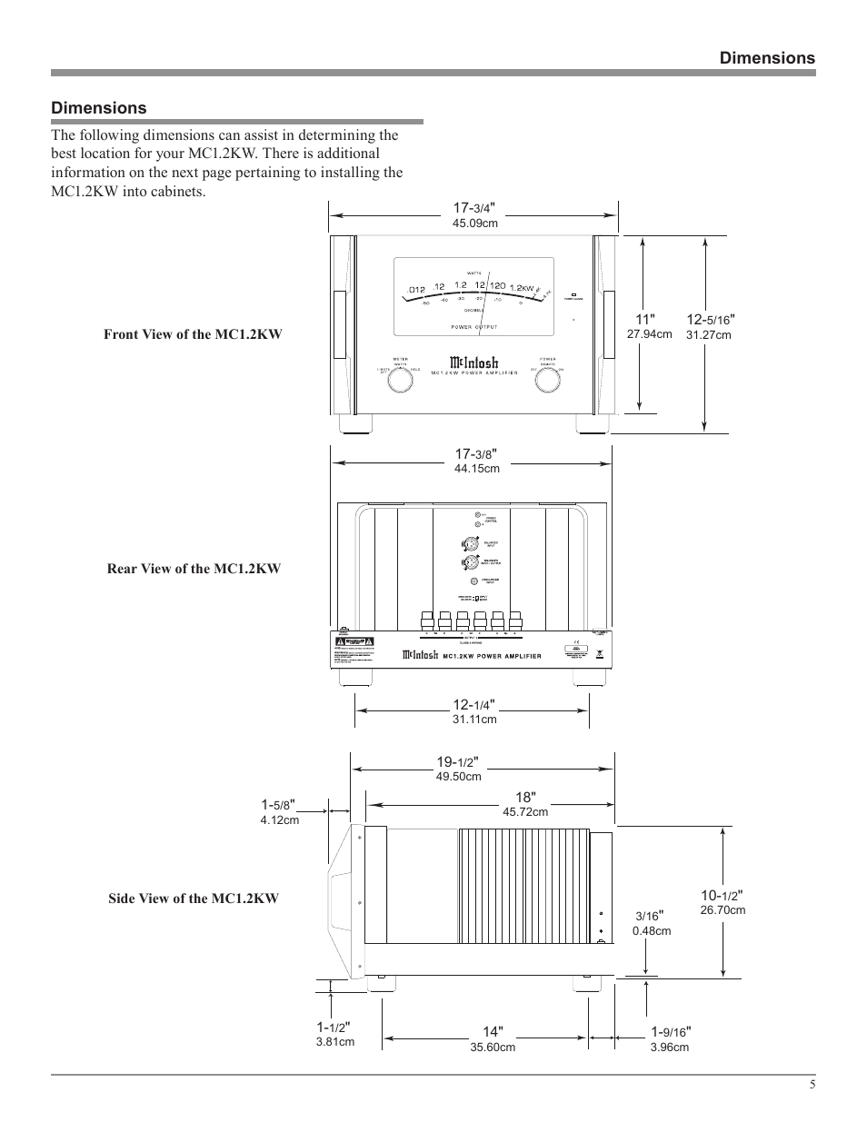 Dimensions | McIntosh MC1.2KW User Manual | Page 5 / 20