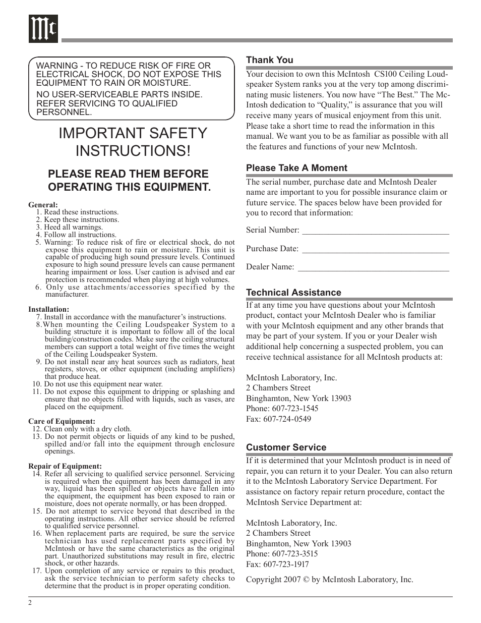 Important safety instructions, Please read them before operating this equipment | McIntosh CS100 User Manual | Page 2 / 8