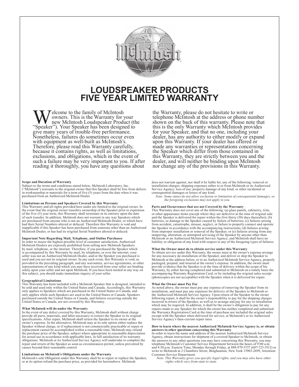 Loudspeaker products five year limited warranty | McIntosh CS100 User Manual | Page 7 / 8