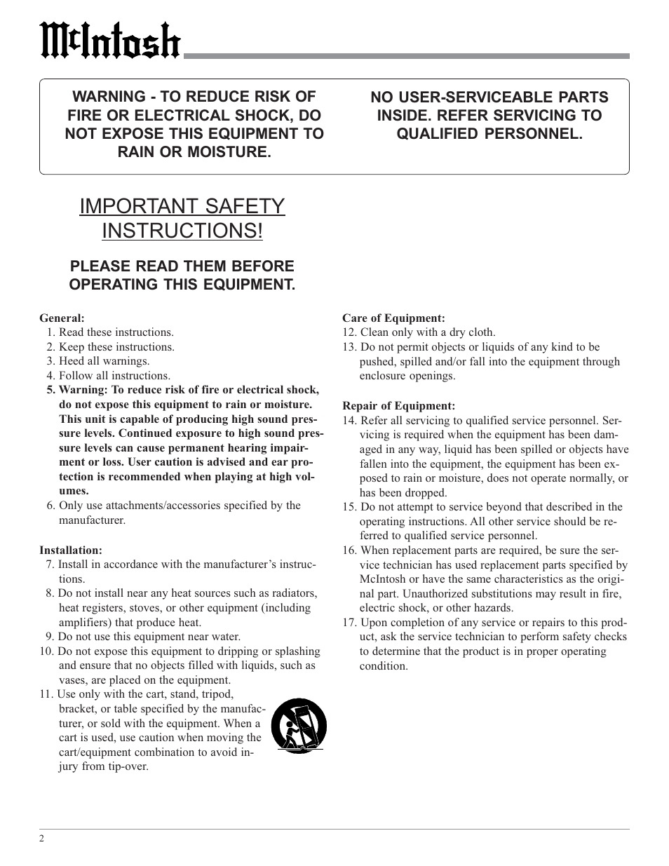 Important safety instructions | McIntosh XRT29 User Manual | Page 2 / 16