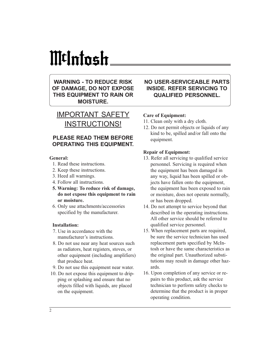 Important safety instructions | McIntosh UR12 User Manual | Page 2 / 48